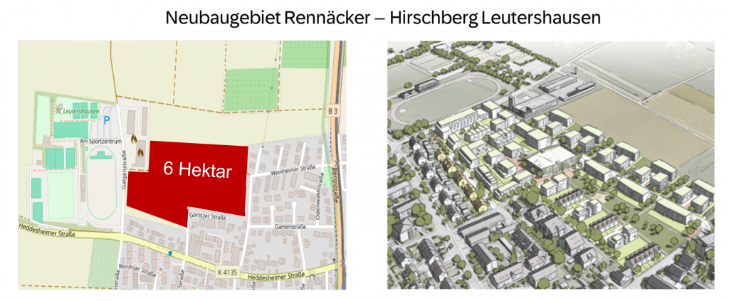 Geplantes Neubaugebiet Rennäcker - Sicht von oben (Quelle: Openstreet Map, modifiziert) und Simulation Baugebiet (Quelle: MORO Bericht Rennäcker)